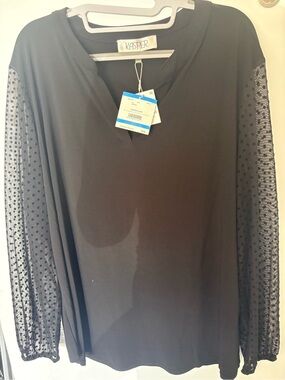 Kasper Black V-Neck Blouse with Sheer Polka Dot Sleeves